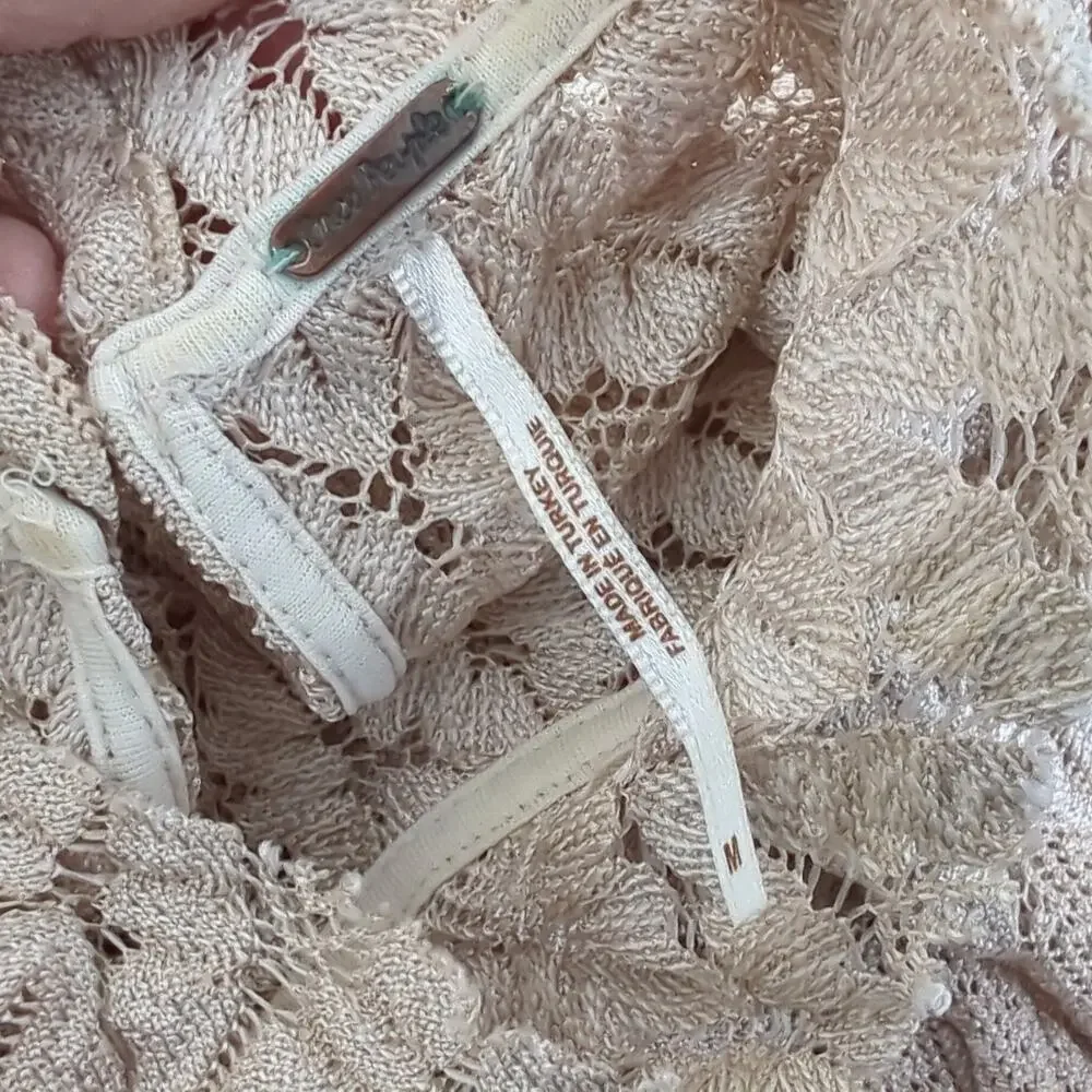Free People Simone Lace Dress Long Sleeve Mini Sheer Bell Sleeve Beige Crochet M